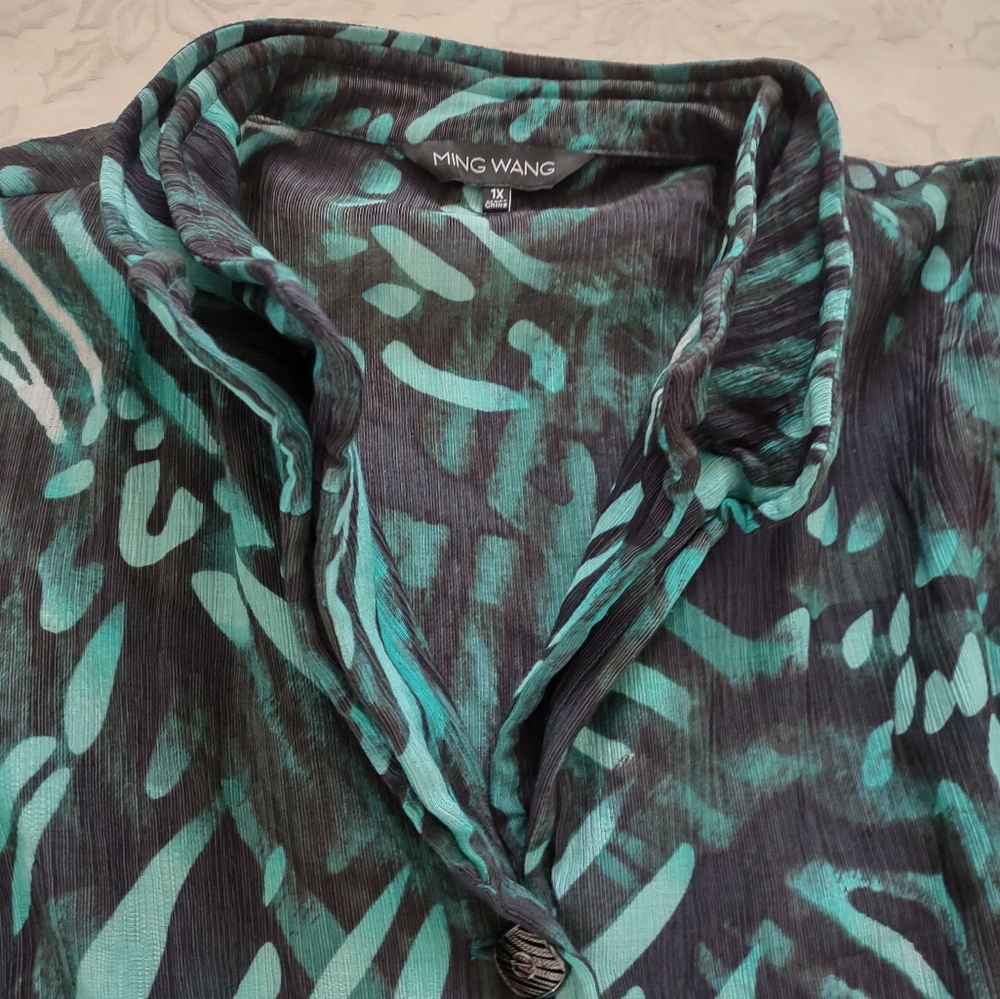 Ming Wang Teal and Black Patterned swing jacket blazer wired collar - Picture 4 of 9